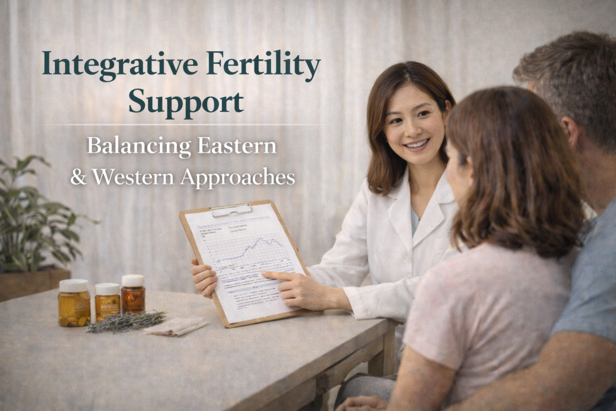 A clinic consultation scene explaining fertility support acupuncture and integrative reproductive care during IVF and natural conception planning
